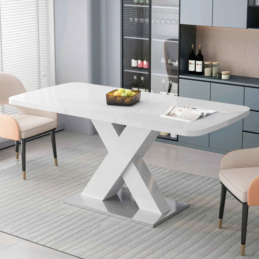 "Modern Square Dining Table", Stretchable, White Table Top+MDF X-Shape Table Leg with Metal Base MLNshops