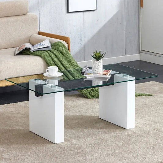 Modern minimalist transparent tempered glass coffee table and coffee table, paired with white MDF decorative columns. Computer desk. MLNshops