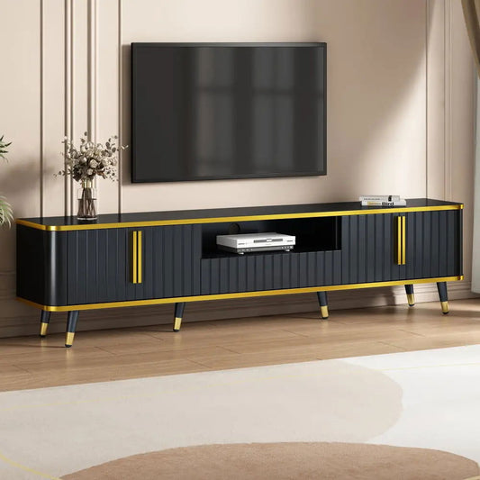 ON-TREND Luxury Minimalism TV Stand with Open Storage Shelf for TVs Up to 85", Entertainment Center with Cabinets and Drawers, Black MLNshops