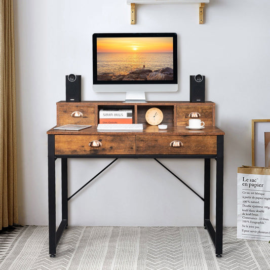 Old Wood Table Top Black Steel Frame Particle Board Two Small Drawers Two Large Drawers Computer Desk MLNshops