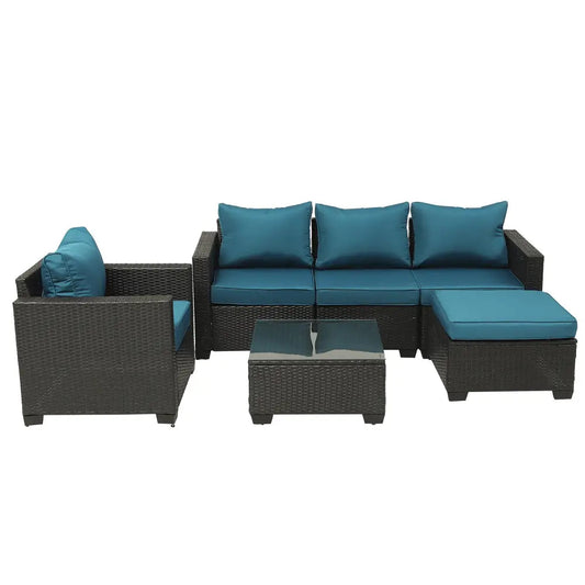 Patio Furniture,6 Pieces Outdoor Wicker Furniture Set Patio Rattan Sectional Conversation Sofa Set with Ottoman and Glass Top Table for Balcony Lawn MLNshops