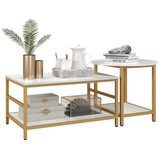 Set of 2 Coffee Tables Modern Accent Marble Gold, White