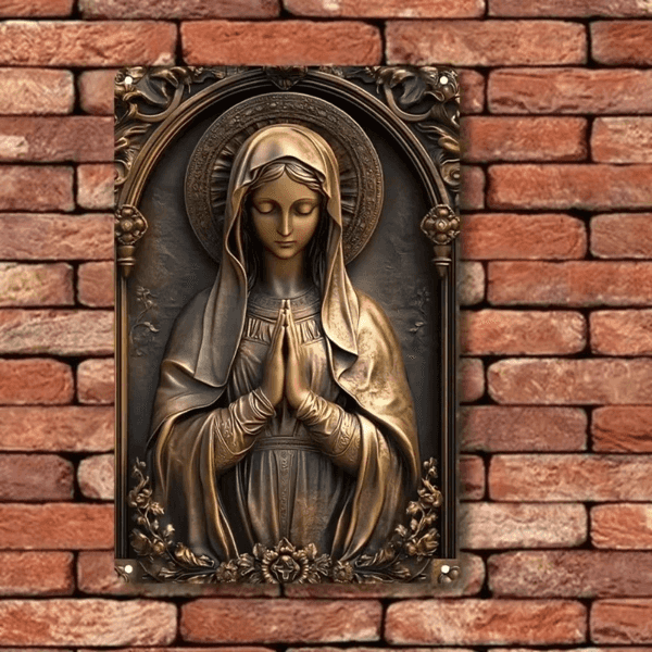 Close-up of metal Virgin Mary prayer plaque