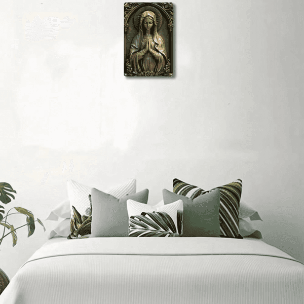 Decorative Virgin Mary metal plaque in living room