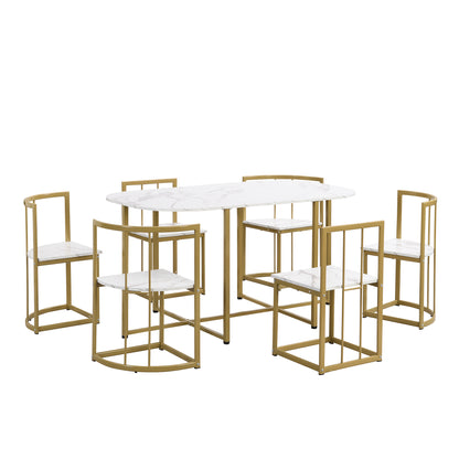 TOPMAX Modern 7-Piece Dining Table Set with Faux Marble Compact 55Inch Kitchen Table Set for 6, Golden+White MLNshops