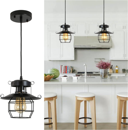 Vintage Farmhouse Pendant Light Rustic Metal Caged Pendant Lights Black Cage Hanging Lamp for Kitchen Island Entryway