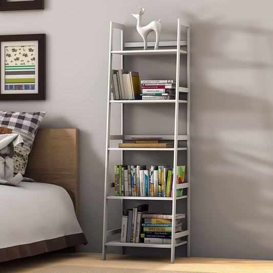 WTZ Bookshelf, Ladder Shelf, 5 Tier Bamboo Bookcase, Modern Open Book Case for Bedroom, Living Room, Office, BC-238 White MLNshops