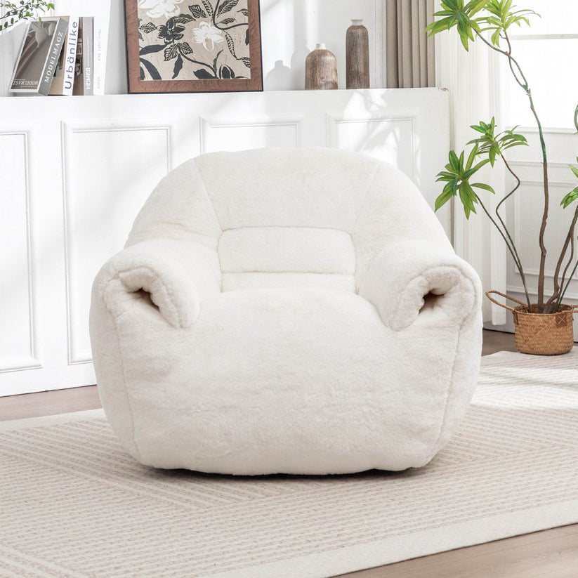 White bean bag chair plush faux fur sofa seat in living room.