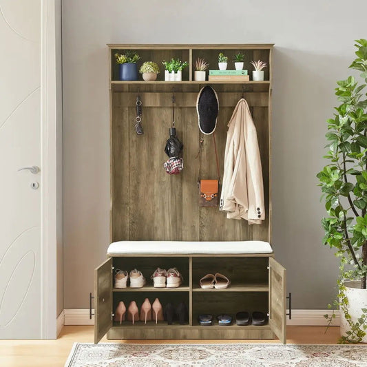 Wood Coat Rack, Storage Shoe Cabinet, with Clothes Hook, Multiple Storage Racks. MLNshops