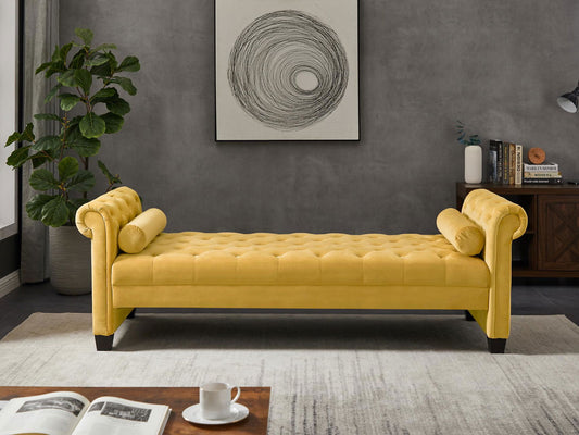 Yellow, Solid Wood Legs Velvet Rectangular Sofa Bench with Attached Cylindrical Pillows MLNshops