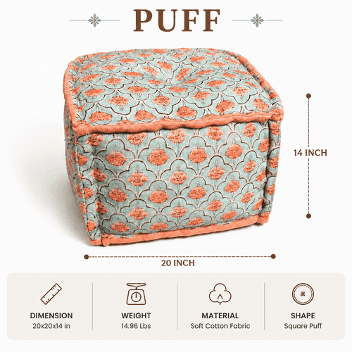 A square tufted fabric pouf ottoman with a coral and sage green floral pattern, shown with dimension markings of 20 inch by 14 inch on a white background with feature icons below.