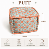 A square tufted fabric pouf ottoman with a coral and sage green floral pattern, shown with dimension markings of 20 inch by 14 inch on a white background with feature icons below.