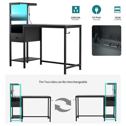 Black computer desk with 120V power outlet, USB ports, and reversible shelves, includes diagram of interchangeable side setup.