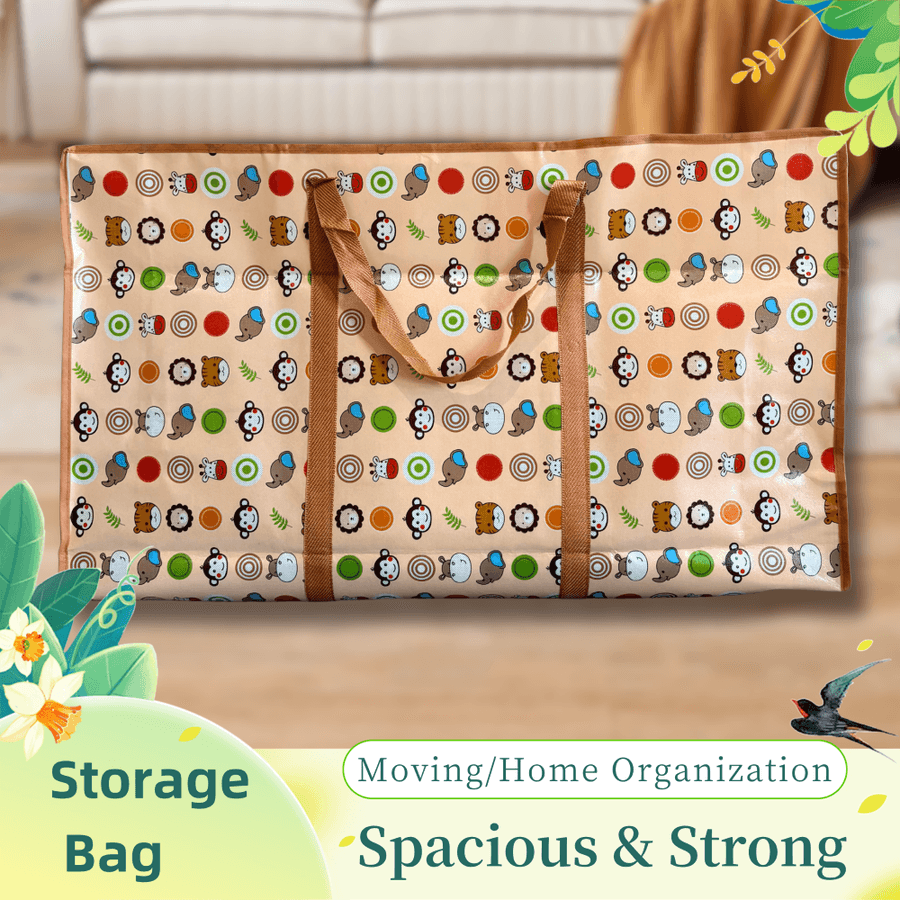 Storage bag with colorful pattern on a wooden surface