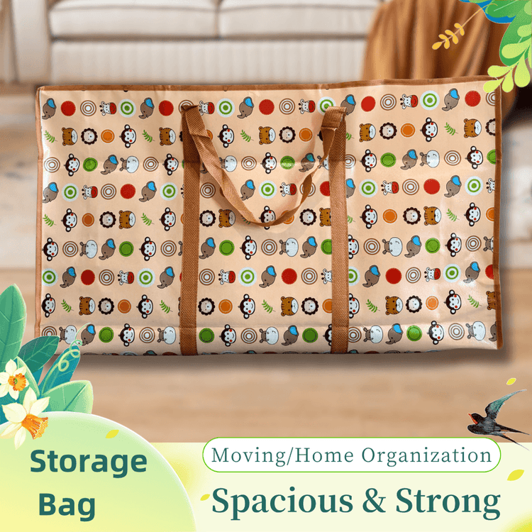 Storage bag with colorful pattern on a wooden surface