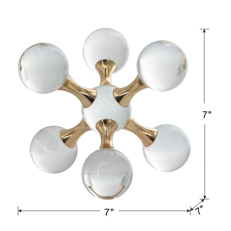 Ceiling light fixture with white spherical lights and gold accents, accompanied by measurements on a white background.