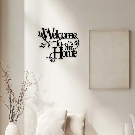 Elegant welcome wall art with floral design displayed in a cozy hallway, enhancing entryway decor with durable iron craftsmanship.