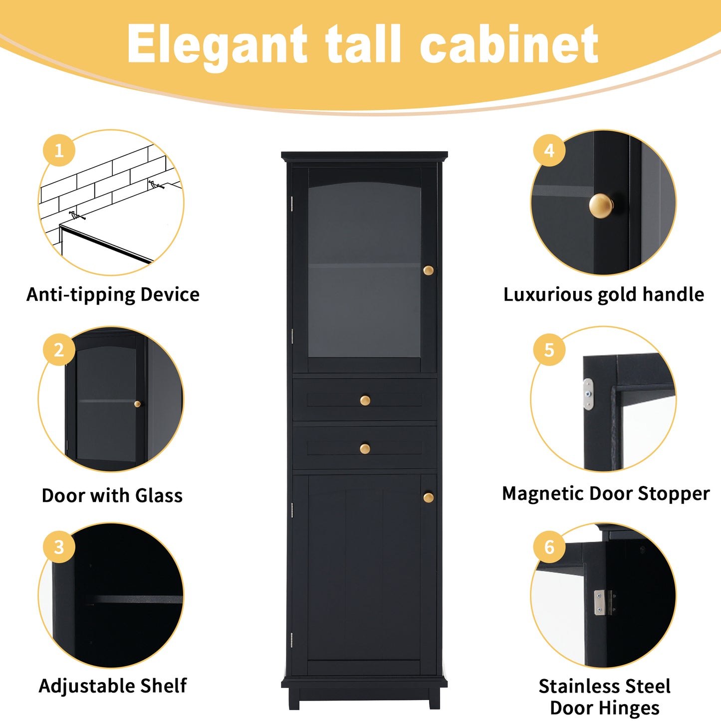 63" Tall Bathroom Storage Cabinet with Glass Doors, Free-Standing, Two Drawers, and Adjustable Shelves, MDF Board, Painted Black