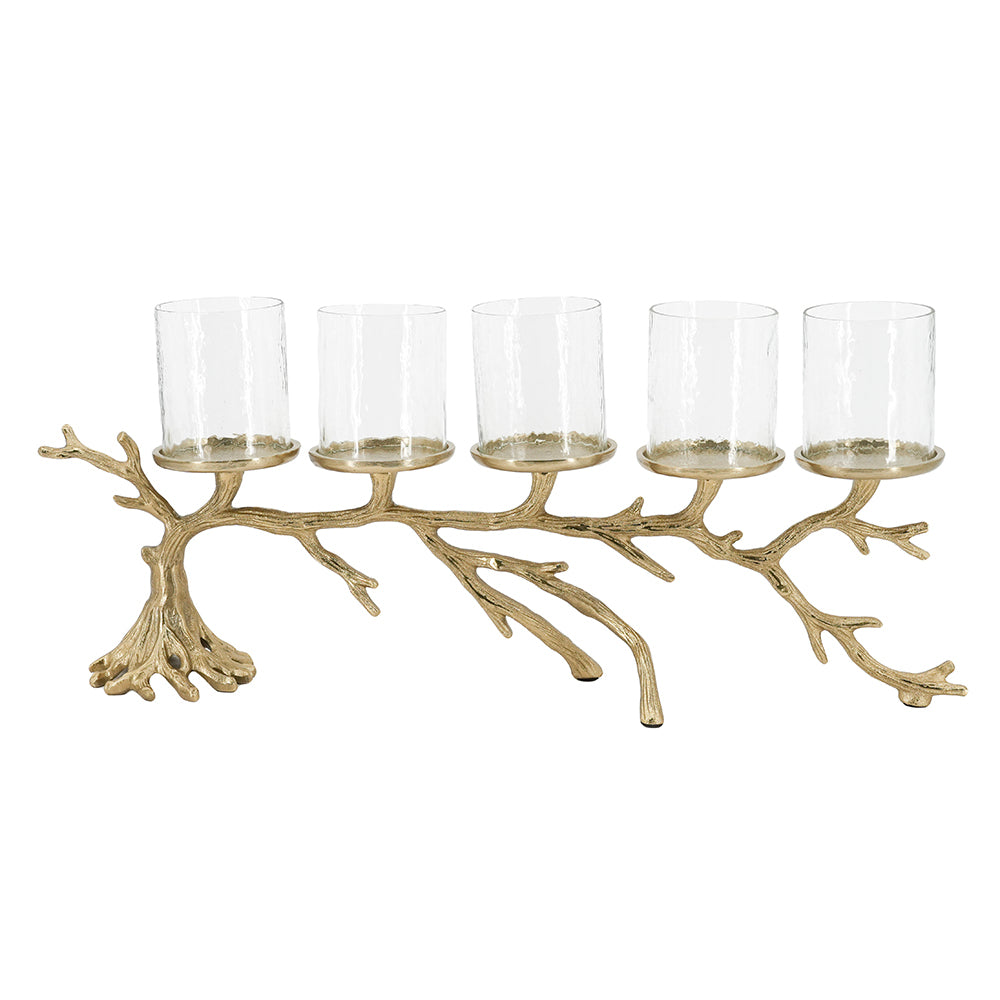 A five-light candle holder designed to look like a natural branch or coral tree, with a textured gold-finished base and five clear glass candle cups.