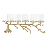 A five-light candle holder designed to look like a natural branch or coral tree, with a textured gold-finished base and five clear glass candle cups.