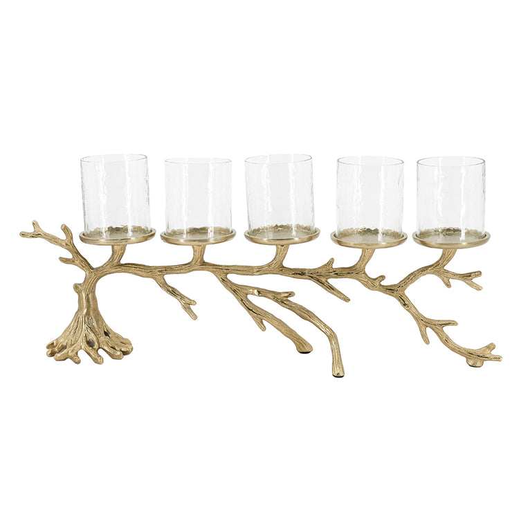 A five-light candle holder designed to look like a natural branch or coral tree, with a textured gold-finished base and five clear glass candle cups.