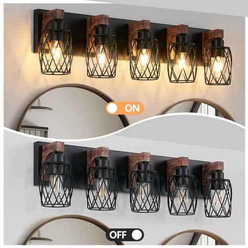 Wall-mounted light fixture with wooden accents and glass shades, featuring an &