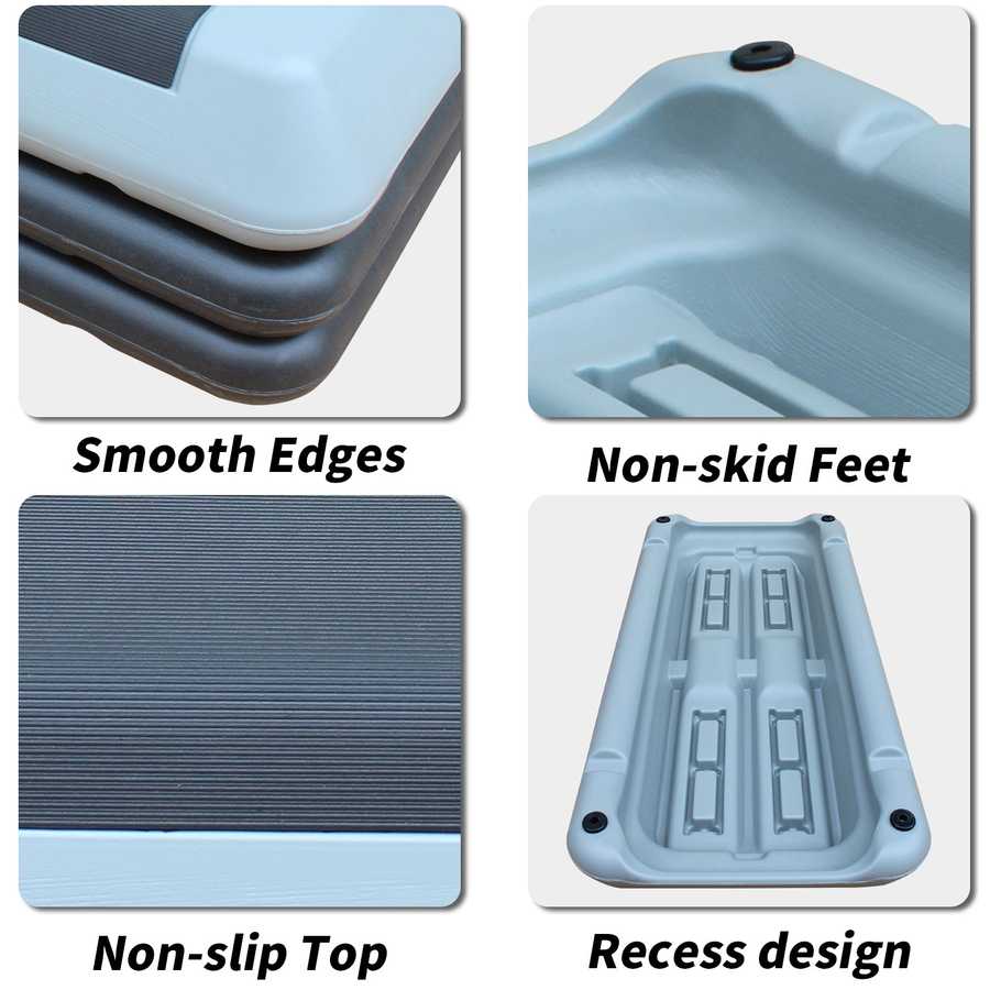 Detailed features of the aerobic stepper including smooth edges, non-slip top, non-skid feet, and recessed base design.