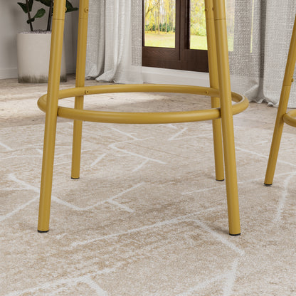 Detail of the gold metal footrest and legs of the 3-Piece Bar Table Set with Stools, highlighting sturdy and stylish construction.