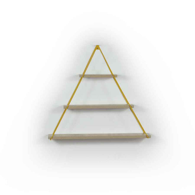 Wall-mounted shelf with gold triangular brace on a white background