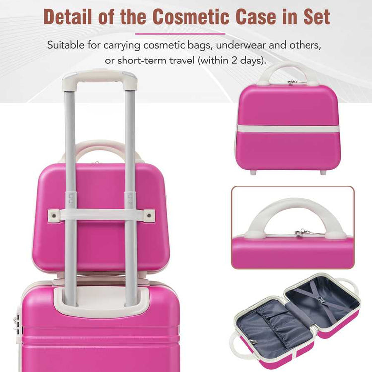 Pink cosmetic case with handle and wheels on a white background