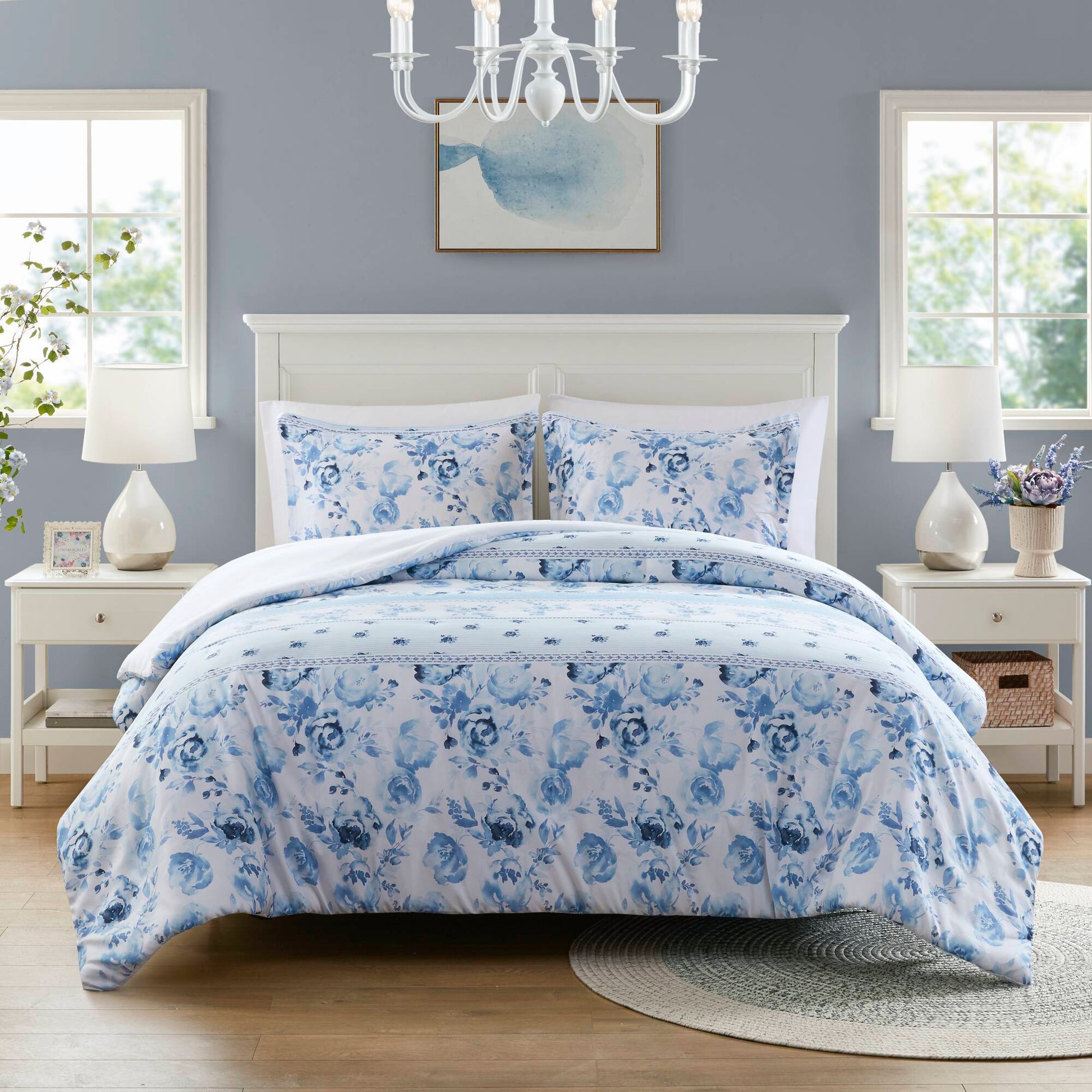 Twin Floral Striped Duvet Cover Set - Twin Duvet Cover Set Floral displayed in a classic bedroom with white furniture and soft lighting.