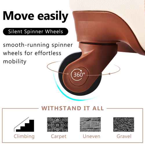 Brown caster wheel with text highlighting silent spinner wheels for effortless mobility.