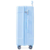 Light blue suitcase with wheels on a white background