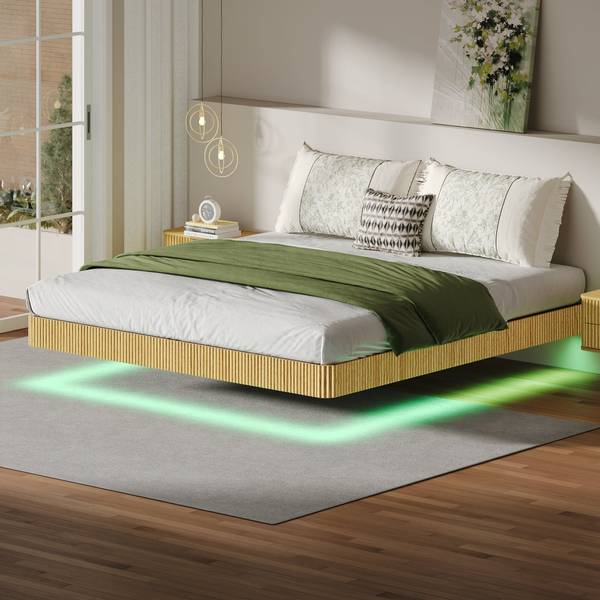 King Floating Bed Frame with LED Lights in modern bedroom, featuring green underglow and ripple texture panel for a sleek, floating appearance.