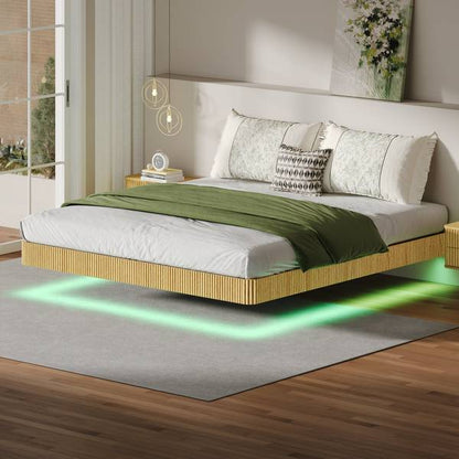 King Floating Bed Frame with LED Lights in modern bedroom, featuring green underglow and ripple texture panel for a sleek, floating appearance.