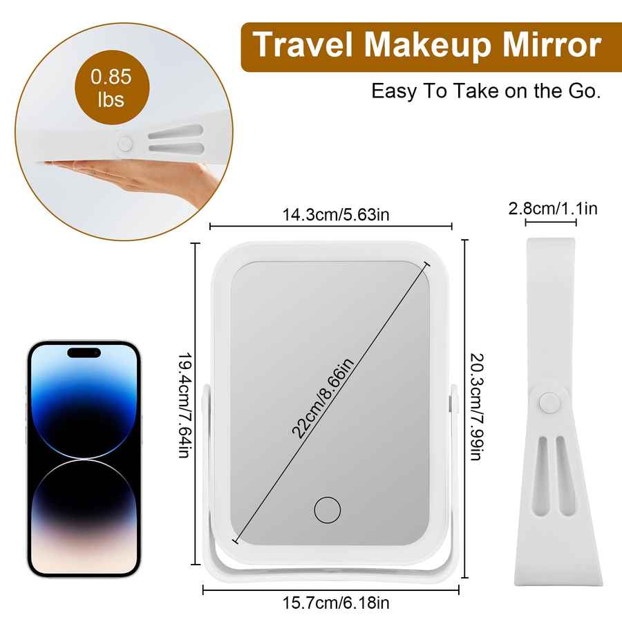 Travel makeup mirror with dimensions and weight displayed, next to a smartphone for scale.