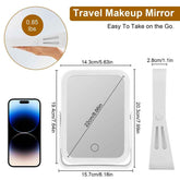 Travel makeup mirror with dimensions and weight displayed, next to a smartphone for scale.