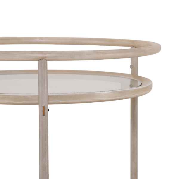 Round wooden table with glass top on a white background