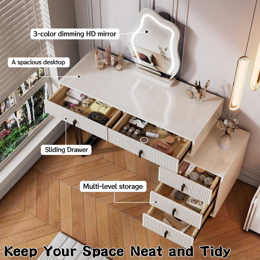 Modern makeup vanity with LED mirror and decorative lighting