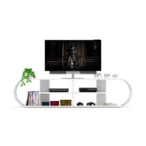 Modern TV stand with open shelves and decorative items