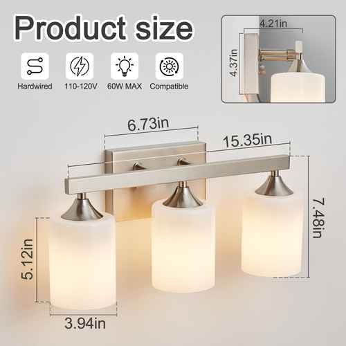 A three-light wall sconce with a brushed silver metal bar and frosted white glass shades, shown with overlaid dimension labels and icons indicating product size and compatibility.