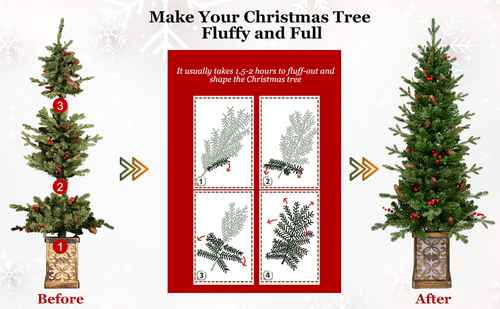 Pair of pre-lit Christmas trees with glitter base at an entrance