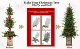 Pair of pre-lit Christmas trees with glitter base at an entrance