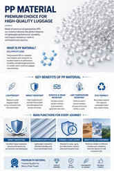 Infographic explaining PP material benefits for high-quality luggage, including impact resistance and durability.
