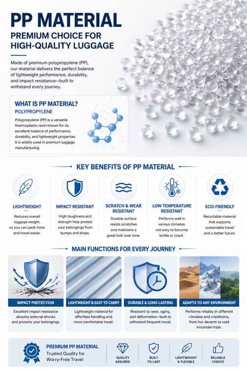 Infographic explaining PP material benefits for high-quality luggage, including impact resistance and durability.