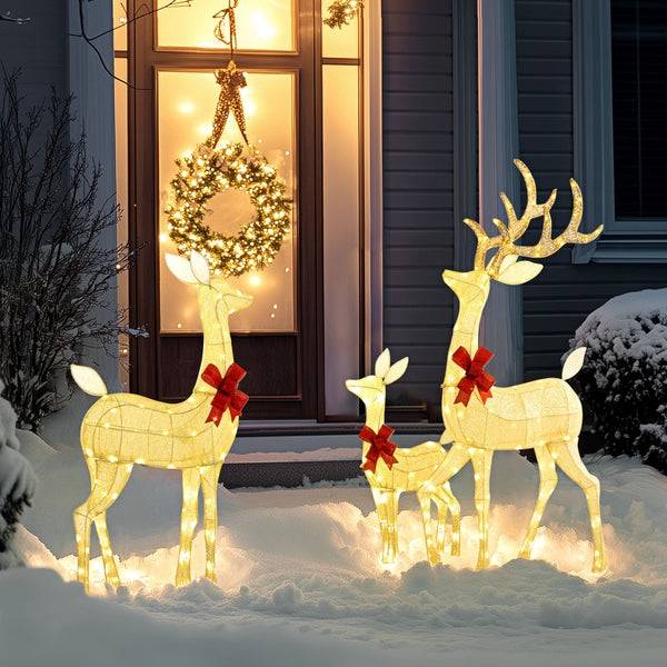 Outsunny 4.5ft 3-Piece Light Up Christmas Deer Family Set of 3, Lighted Reindeer Christmas Decorations with 2 LED Light Modes, Stakes, Zip Ties for Indoor, Outdoor, Yard, Lawn, Silver