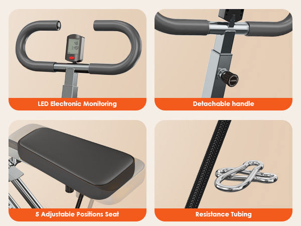 Close-up of LED monitor, detachable handle, adjustable seat, and resistance tubing on Home Gym Squat Machine. Designed for personalized workouts.