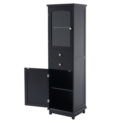 63" Tall Bathroom Storage Cabinet with Glass Doors, Free-Standing, Two Drawers, and Adjustable Shelves, MDF Board, Painted Black