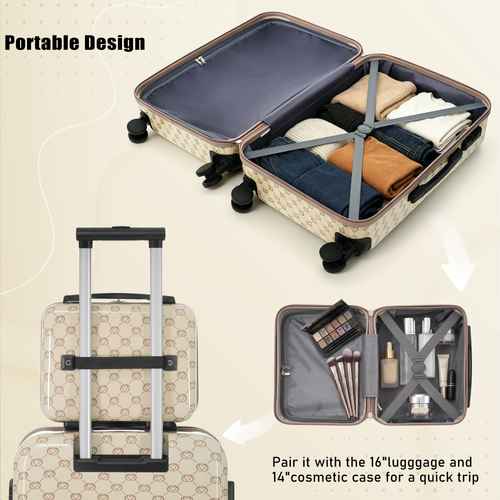 Beige suitcase with open compartment showing organized clothes and a smaller cosmetic case on a beige background.