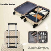 Beige suitcase with open compartment showing organized clothes and a smaller cosmetic case on a beige background.